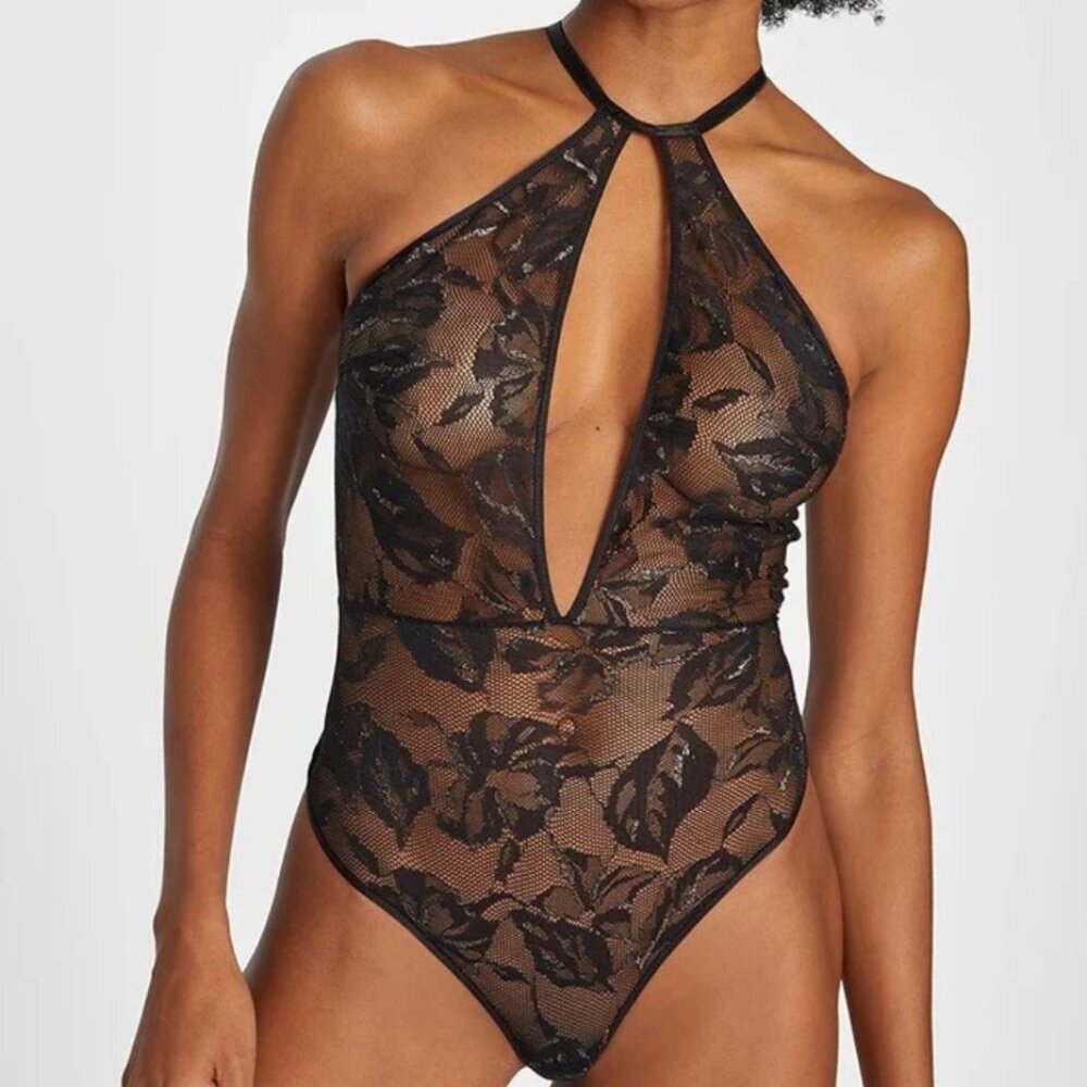 Aubade Black Floral Lace Halter Plunge Bodysuit